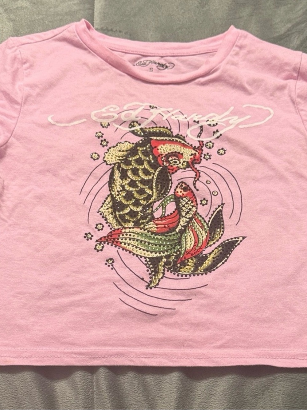 Ed Hardy Pink Koi Fish Graphic Tee with Metallic Accents